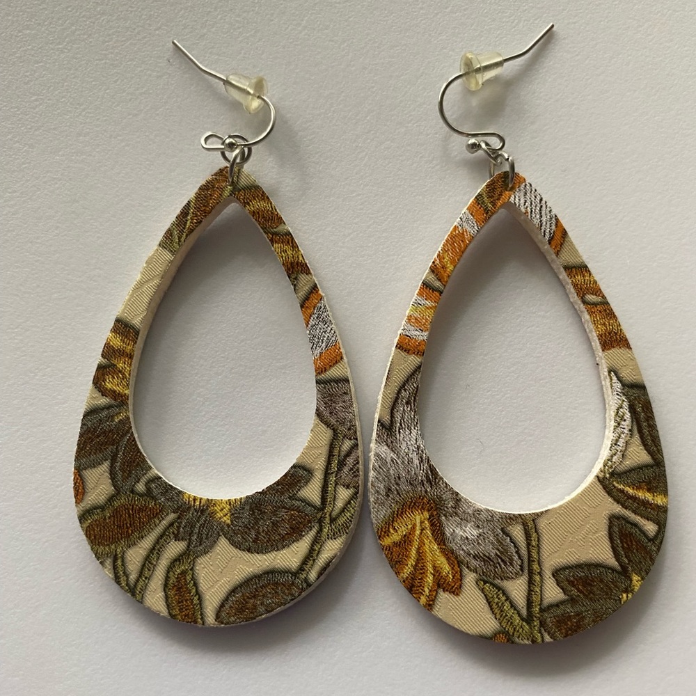 Floral Print leather teardrop earrings flower handmade